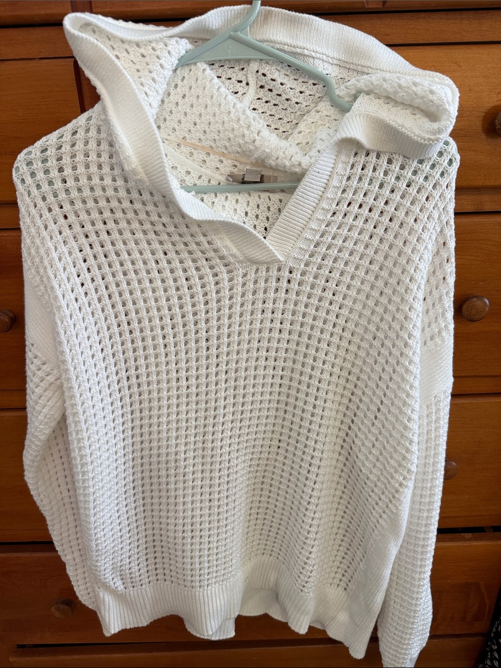 LOFT White Open-Weave V-Neck Hooded Sweater